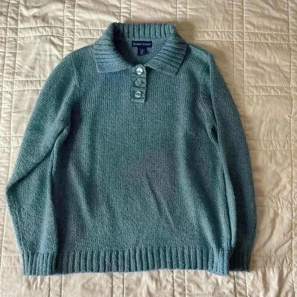 Karen Scott blue knit collared sweater medium - Picture 1 of 6